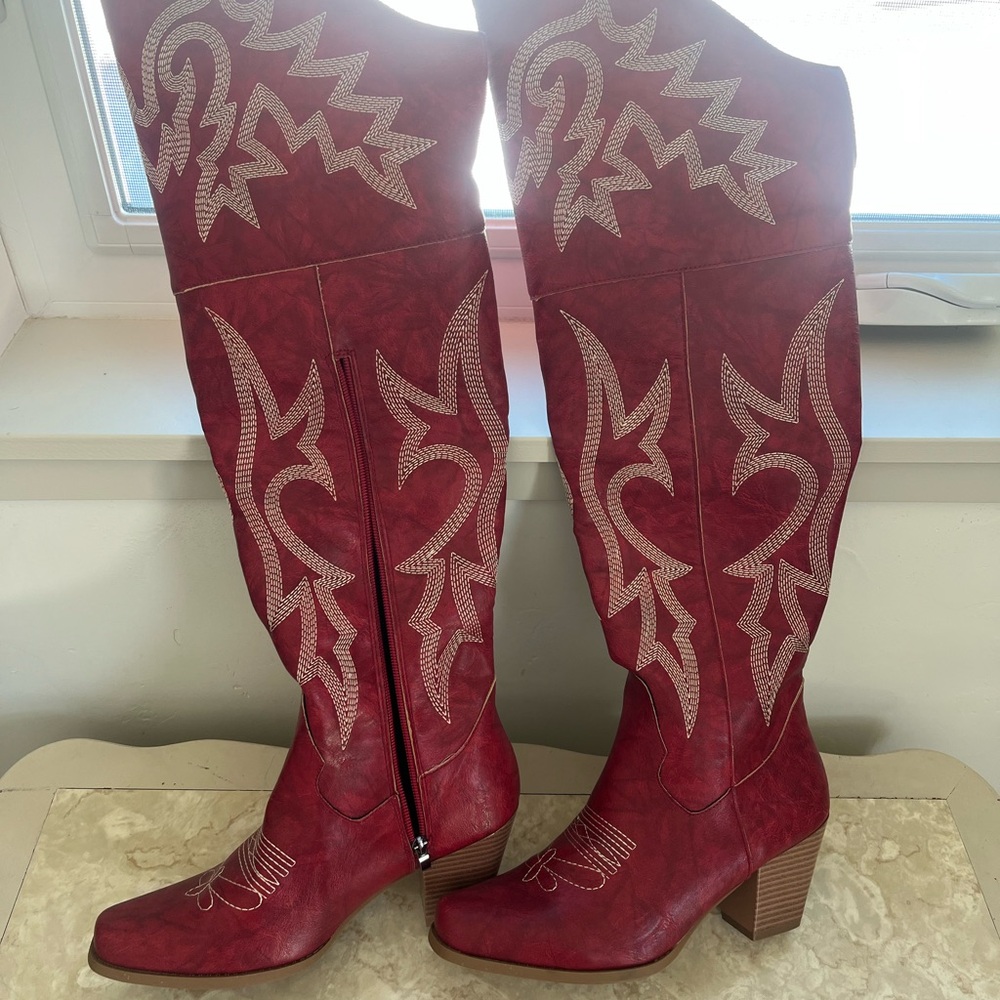 Amazon Red Embroidered Heeled Boots